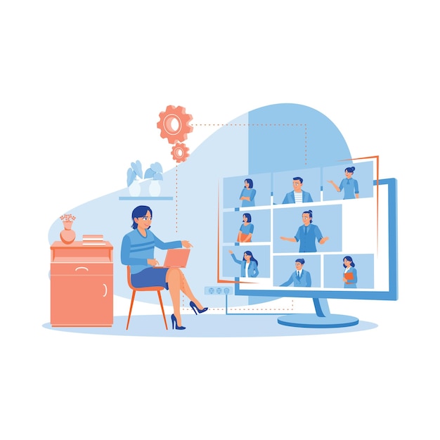 female employees work using laptop computers hold online meetings with the webcam team
