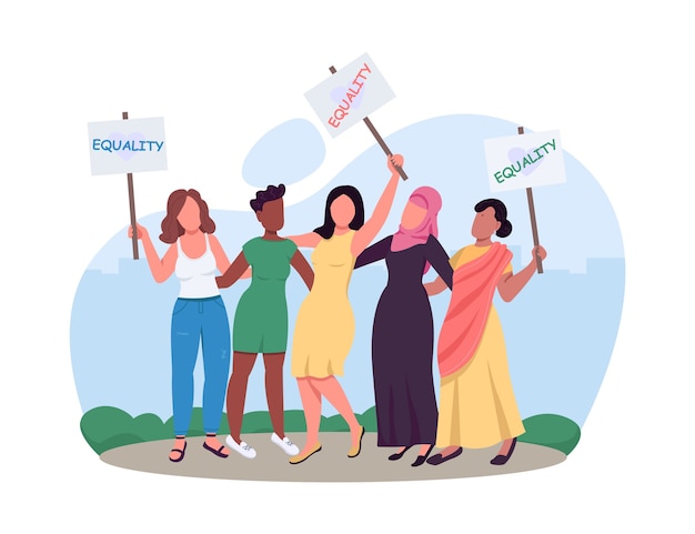 Female empowerment 2D web banner, poster. Women rights. Racial equality achievement. Progressive movement flat characters on cartoon background. Revolution girl-style scene