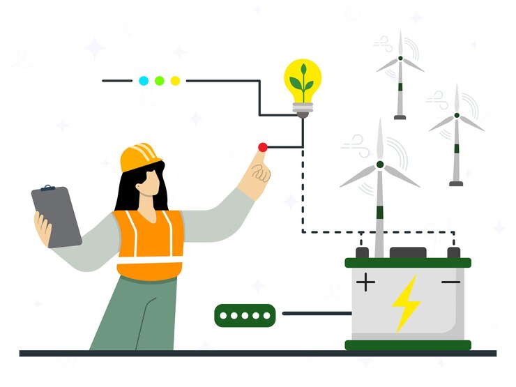 Vector a female engineer shows a light bulb that lights up connected to a battery from wind turbine