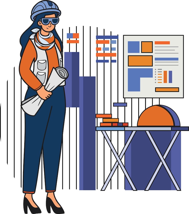Vector female engineer supervising construction work illustration in doodle style