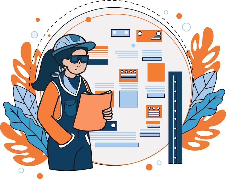 Vector female engineer supervising construction work illustration in doodle style
