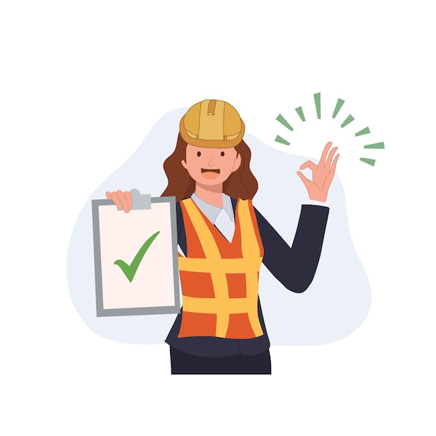 Vector female engineer wear safety helmet showing listboard with check mark and doing ok hand sign gesture quality approval concept vector illustration