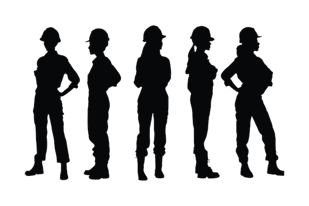 Female engineers standing in different positions silhouette set vector Modern girl workers with anonymous faces silhouette Women engineers wearing uniforms Handyman silhouette on white background