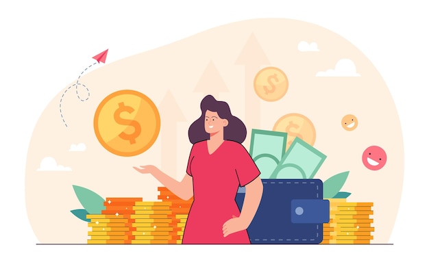 Female entrepreneur or consumer with banknotes and gold coins. Cartoon banker offering loan flat vector illustration. Finances, financial success, investment, refinancing, banking concept for banner