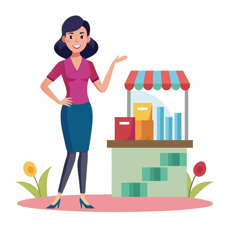 Female Entrepreneur Running a Market Stall Business Illustration