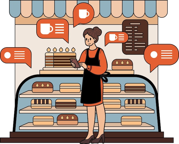 Female Entrepreneur with Bakery Shop illustration in doodle style