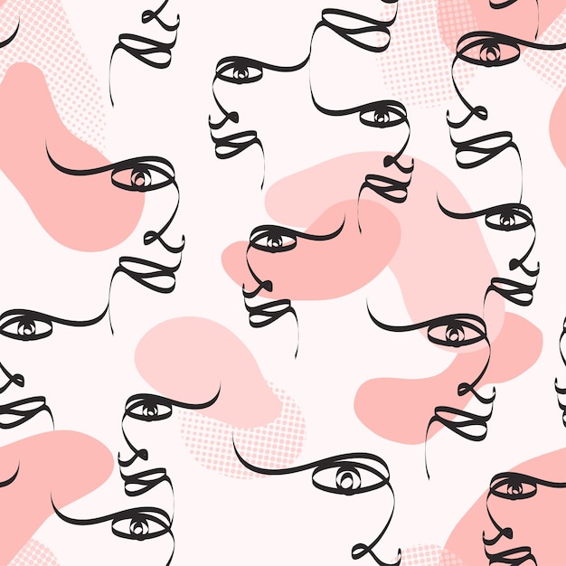 Female face abstract one line drawings in pink color pattern