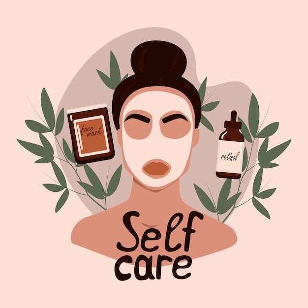 Female face and beauty cosmetic mask Beautiful young woman applying cream Skin care banner Face mask skincare treatment relaxation Selfcare concept Stock vector illustration