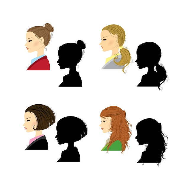 Vector female face in profile and silhouette on white background cartoon vector illustration