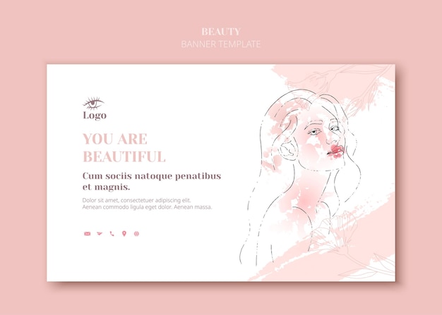 Female face in trendy art style. Line art in an elegant style with watercolor paint banner template.