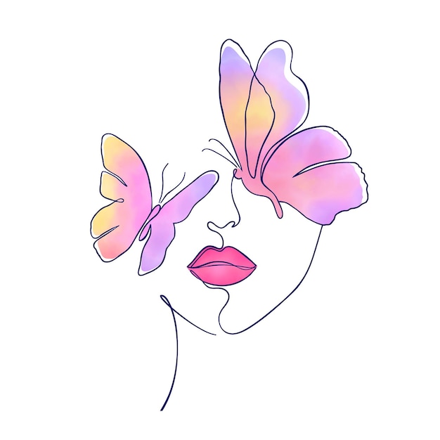 Женское лицо с разноцветными бабочками в минималистском стиле на белом фоне