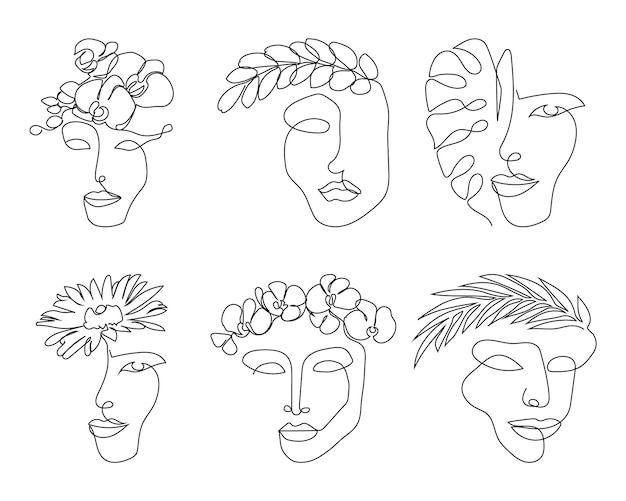 植物の連続線画セットと女性の顔。花、ハーブと女性のシルエットの抽象化のワンラインアート。