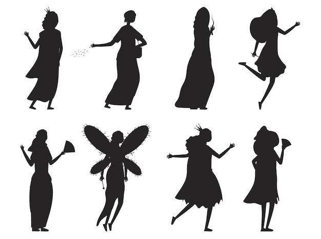 Vector female fairy tales characters women festive suits happy isolated vectors silhouettes