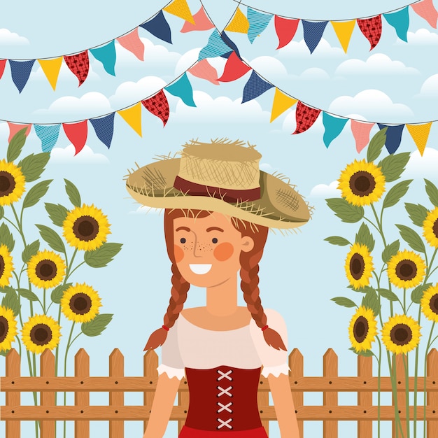 Female farmer celebrating with garlands and fence