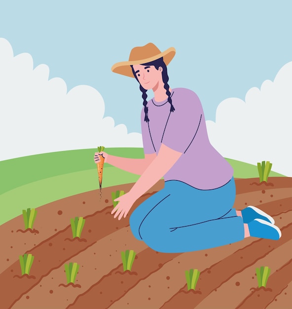 Vector female farmer cultivating