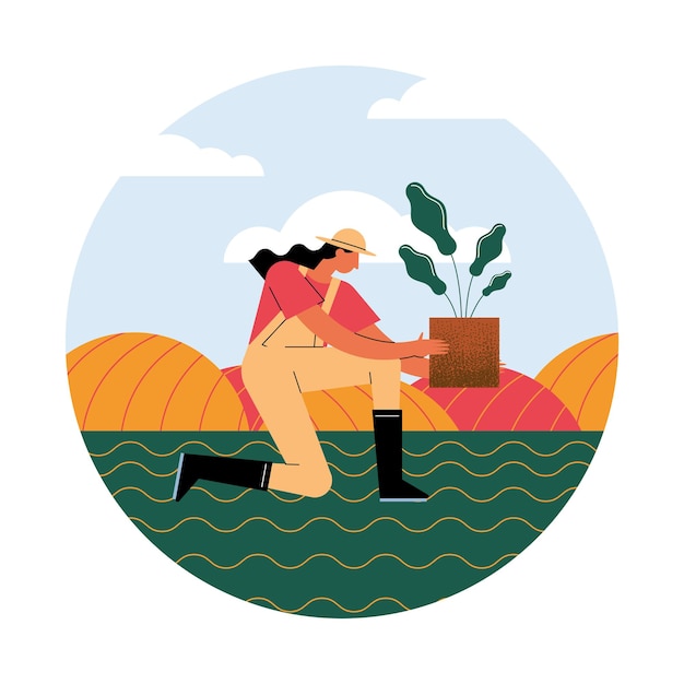 Vector female farmer planting