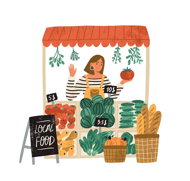 Vector female farmer selling fresh fruits and vegetables at stall at local food market place. farm organic production concept. flat vector illustration isolated on white background.