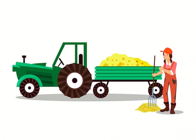 Female Farmer Working Pitchfork Cartoon Character