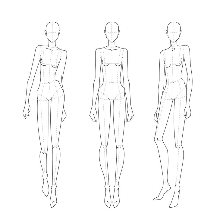 Vector female fashion figure templates set of fulllength standing different poses front side and back views woman body technical drawing shape vector sketch line printable illustration