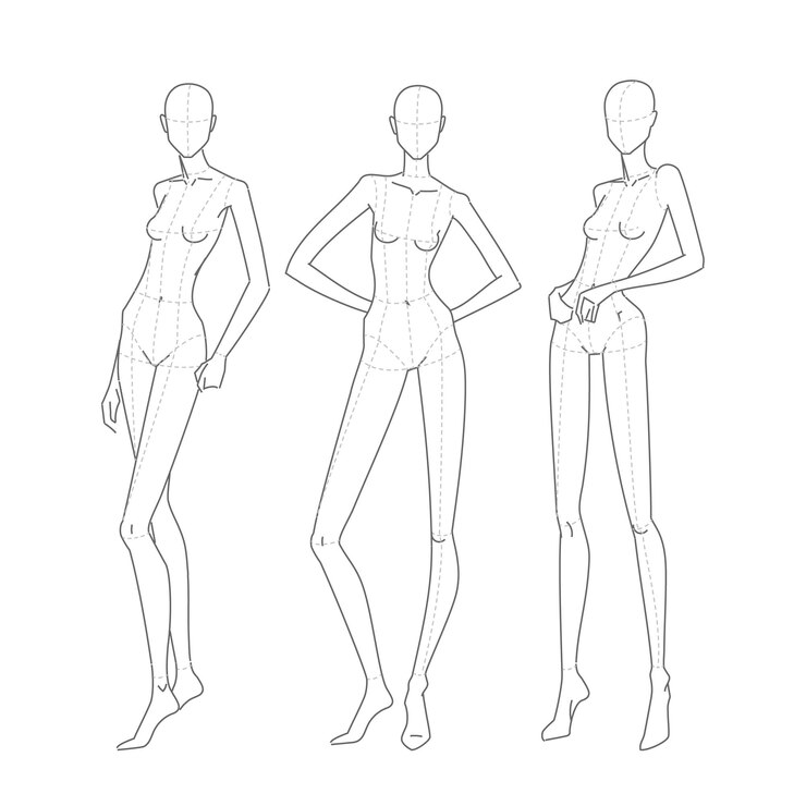 Vector female fashion figure templates set of fulllength standing different poses front side and back views woman body technical drawing shape vector sketch line printable illustration