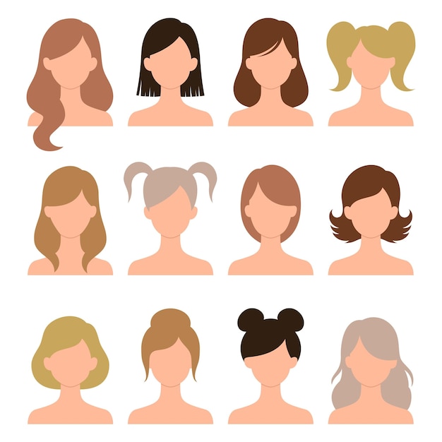 Vector female fashion hairstyle set woman head with haircuts ponytail and bun different various hairstyles