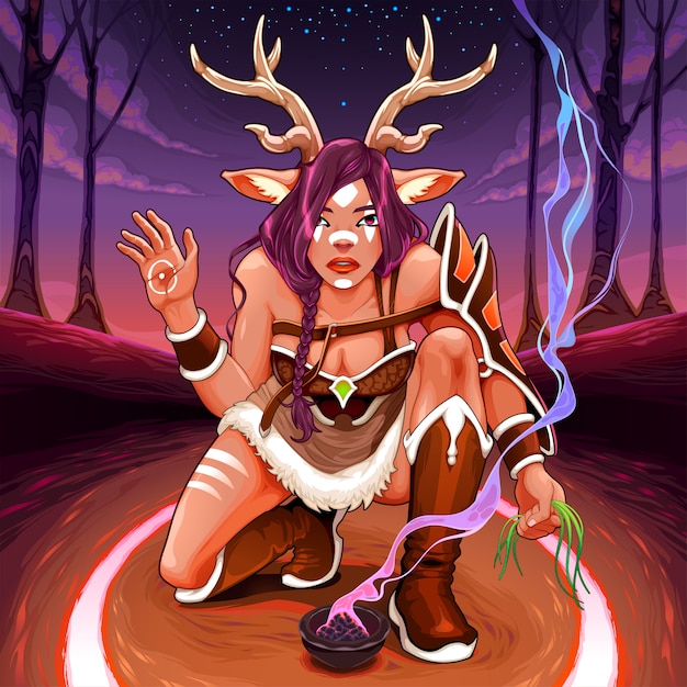 Vector female faun is making an healing ritual in the wood