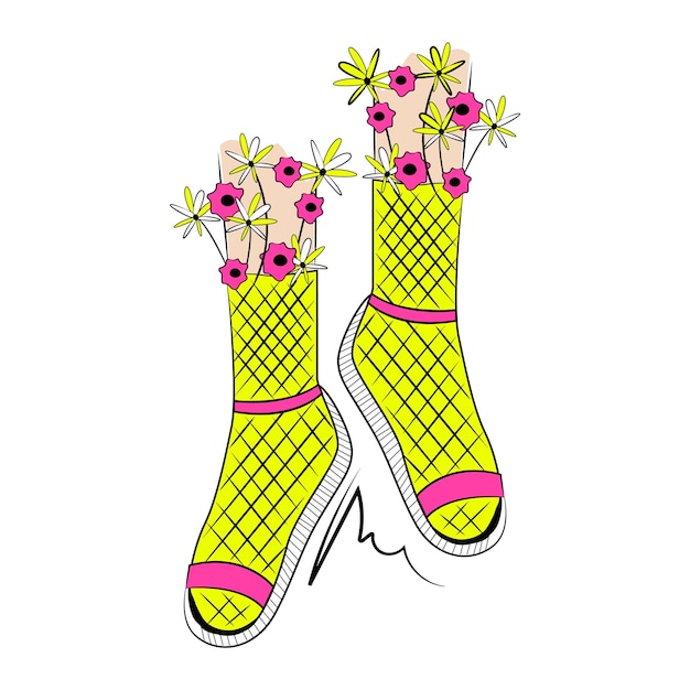 Female feet with flowers in the socks. Vector stock illustration.