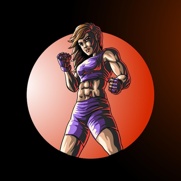 Female fighter boxer in circle isolated on black