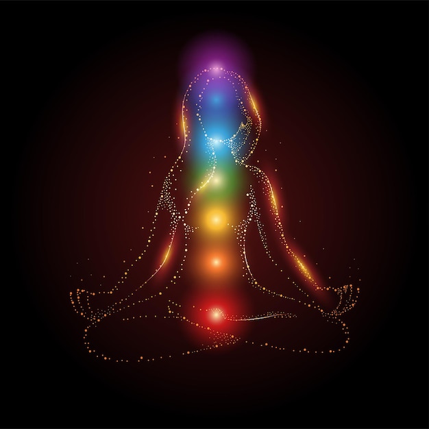 Female figure meditating in lotus position with colorful 7 chakras