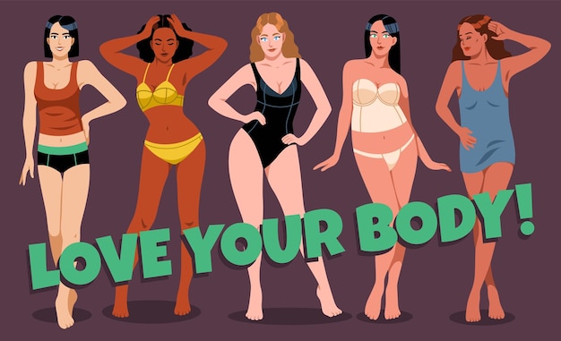 Female figures types poster Beautiful women in swimwear and underwear body acceptance and self love pretty girls Sexy fashionable models cartoon flat isolated tidy vector concept