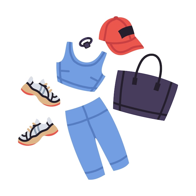 Female fitness outfit Trendy casual sport look bra bicycle shorts sneakers and baseball hat flat vector illustration Fitness or yoga wardrobe garments