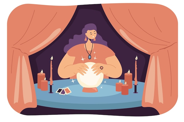 Female fortuneteller with crystal ball in tent