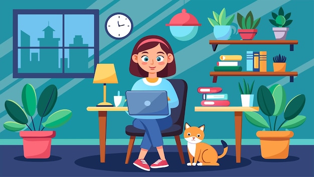 Female freelancer working at home with cat vector illustration