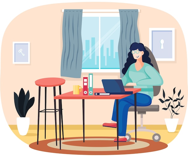 Vector female freelancer working with laptop remotely girl sitting at workplace and doing her work