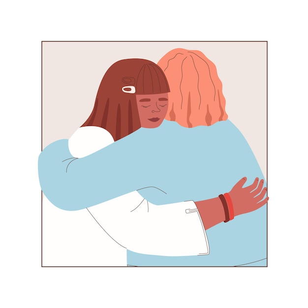 Female friend hug women embracing each other expressing love affection support vector