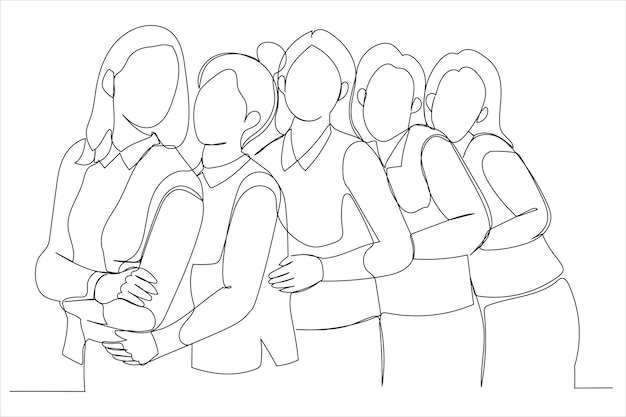 Female friends or office coworkers standing close together one line art style