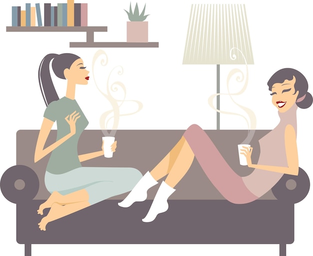 Female friends with coffee cups talking at home