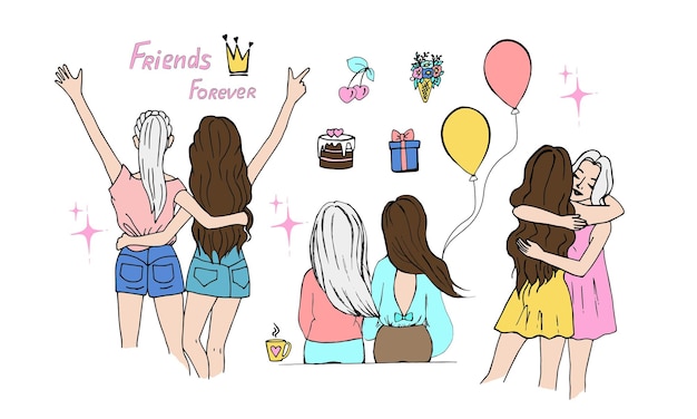 Vector female friendship concept set of girls friends in different poses doodle style vector illustratio
