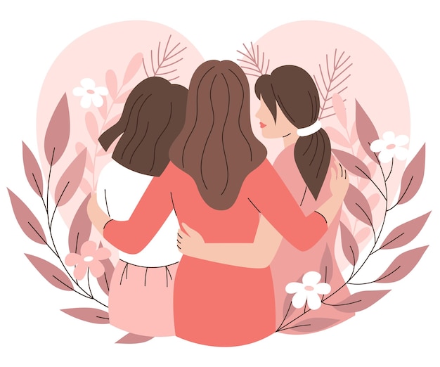 Female friendship and support love different women sisters hugs flat vector illustration
