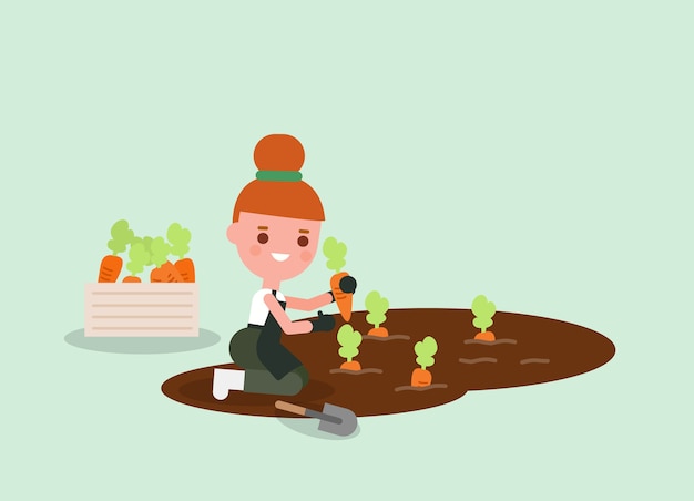 Мультфильм женский садовник Сбор моркови. Иллюстрация молодых сельскохозяйственных рабочих. персонаж.