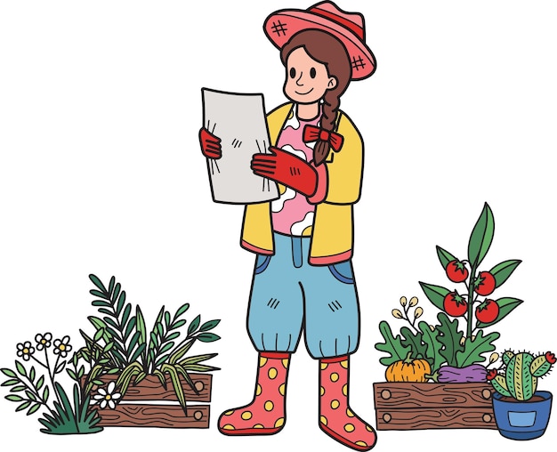 Female gardener planning to plant a tree illustration in doodle style