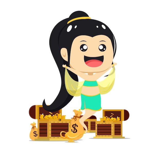 女性の魔神アラビア王女漫画キャラクターベクトルイラスト金貨でいっぱいの宝箱