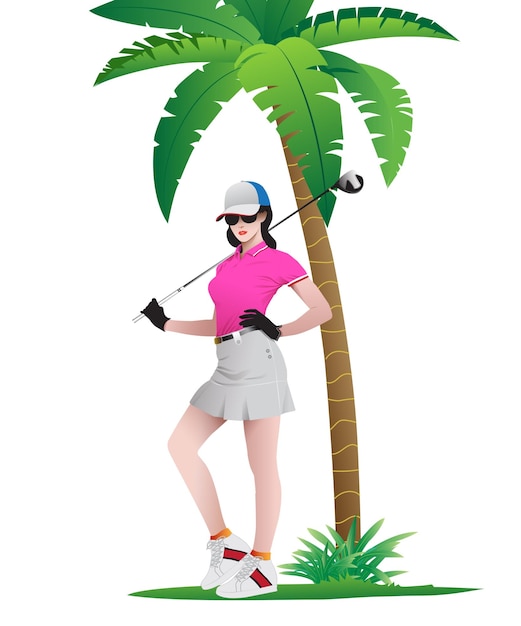 female golfer under coconut tree