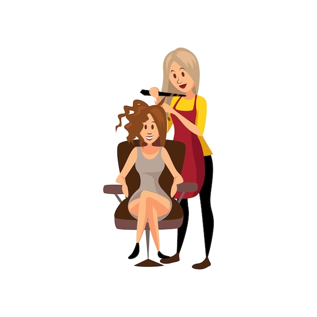 Vector female hairdresser making hairstyle using curling iron to young woman professional hair stylist at workplace cartoon vector illustration on a white background