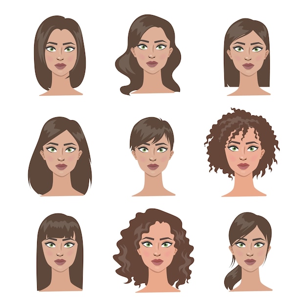 Types of female hairstyles cartoonoutline icons Vector Image