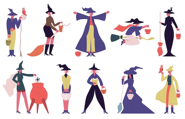 Female halloween characters in witch spooky costumes isolated vector illustration set