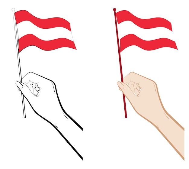 여성의 손은 흰색 배경에 있는 휴일 디자인 요소 벡터로 오스트리아의 작은 국기를 부드럽게 잡고 있습니다.