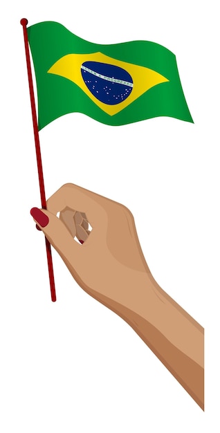 Female hand gently holds small Flag of Republic of Brazil Holiday design element Cartoon vector on white background