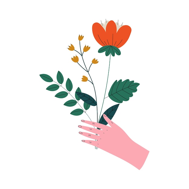 Vector female hand holding bouquet of wild beautiful flowers elegant decorative floral design element vector illustration