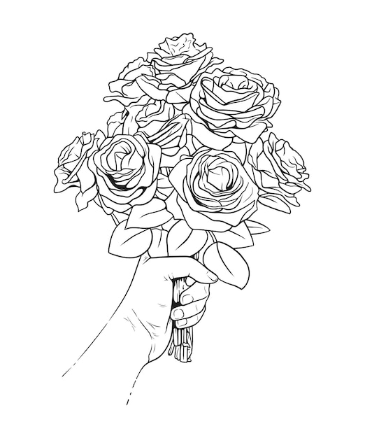 Female hand holding a flower bouquet in line art style